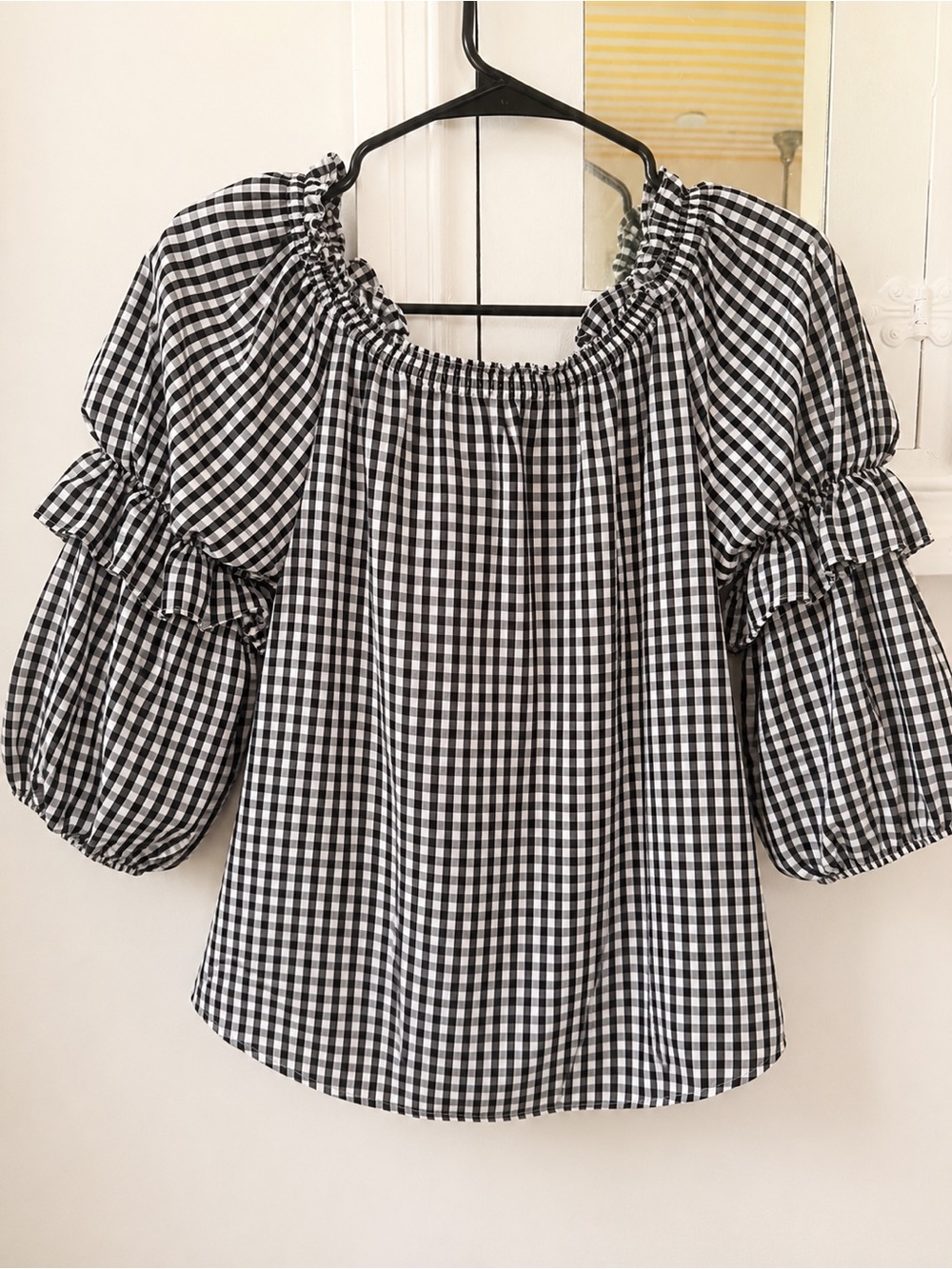 Entro Black & White Gingham Off-Shoulder Puff Sleeve Blouse